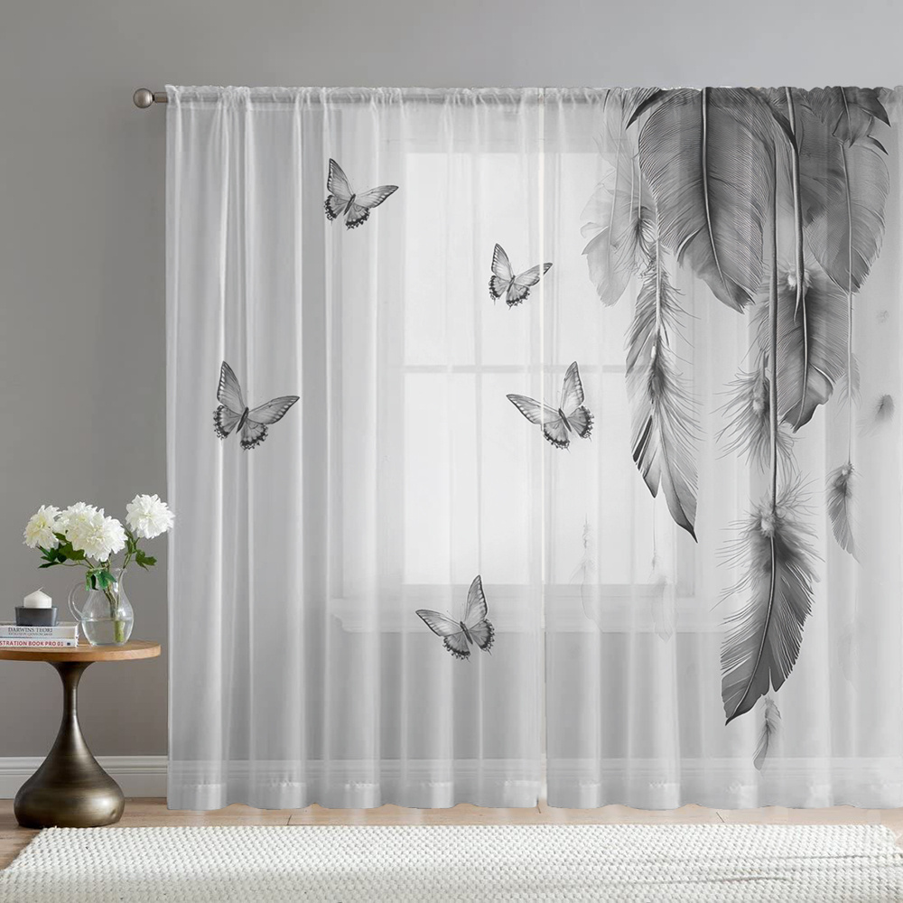 Office Lighting Decor - 2PCS Digital Print Sheer Curtain, Feather